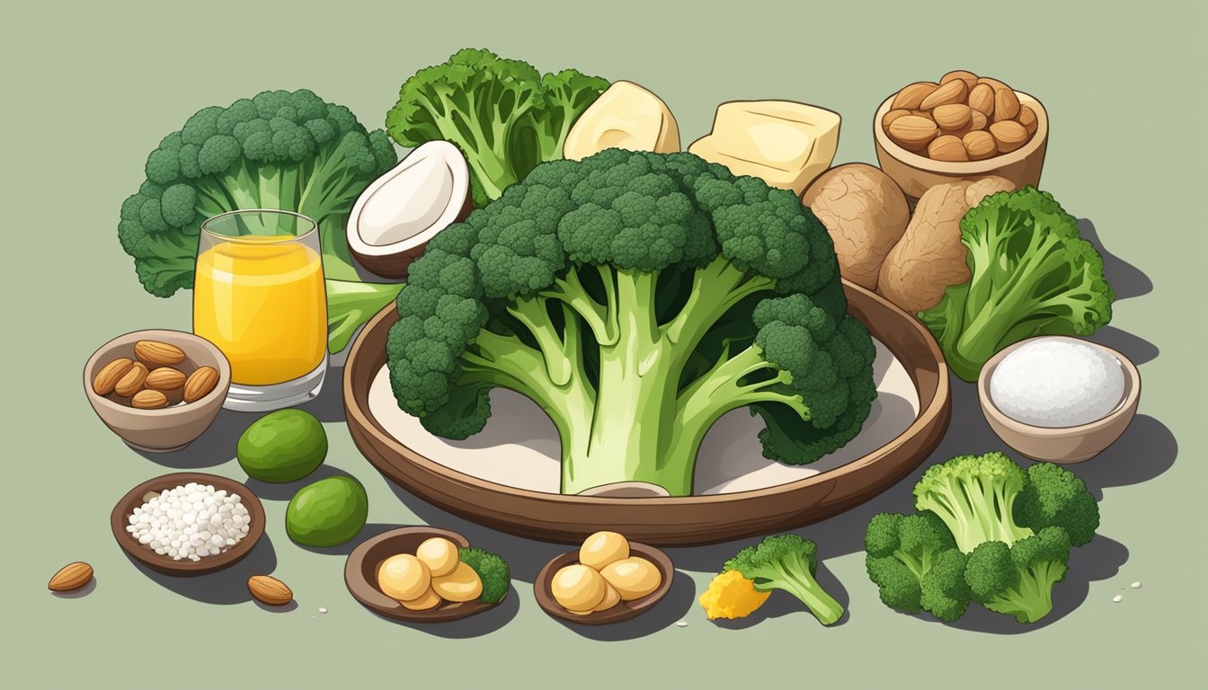 A table with various foods like broccoli, eggs, and nuts, surrounded by ginger root and testosterone-boosting ingredients