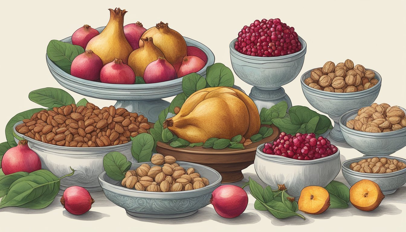 A table with a variety of foods, including pomegranates, walnuts, and spinach, arranged in an appealing display