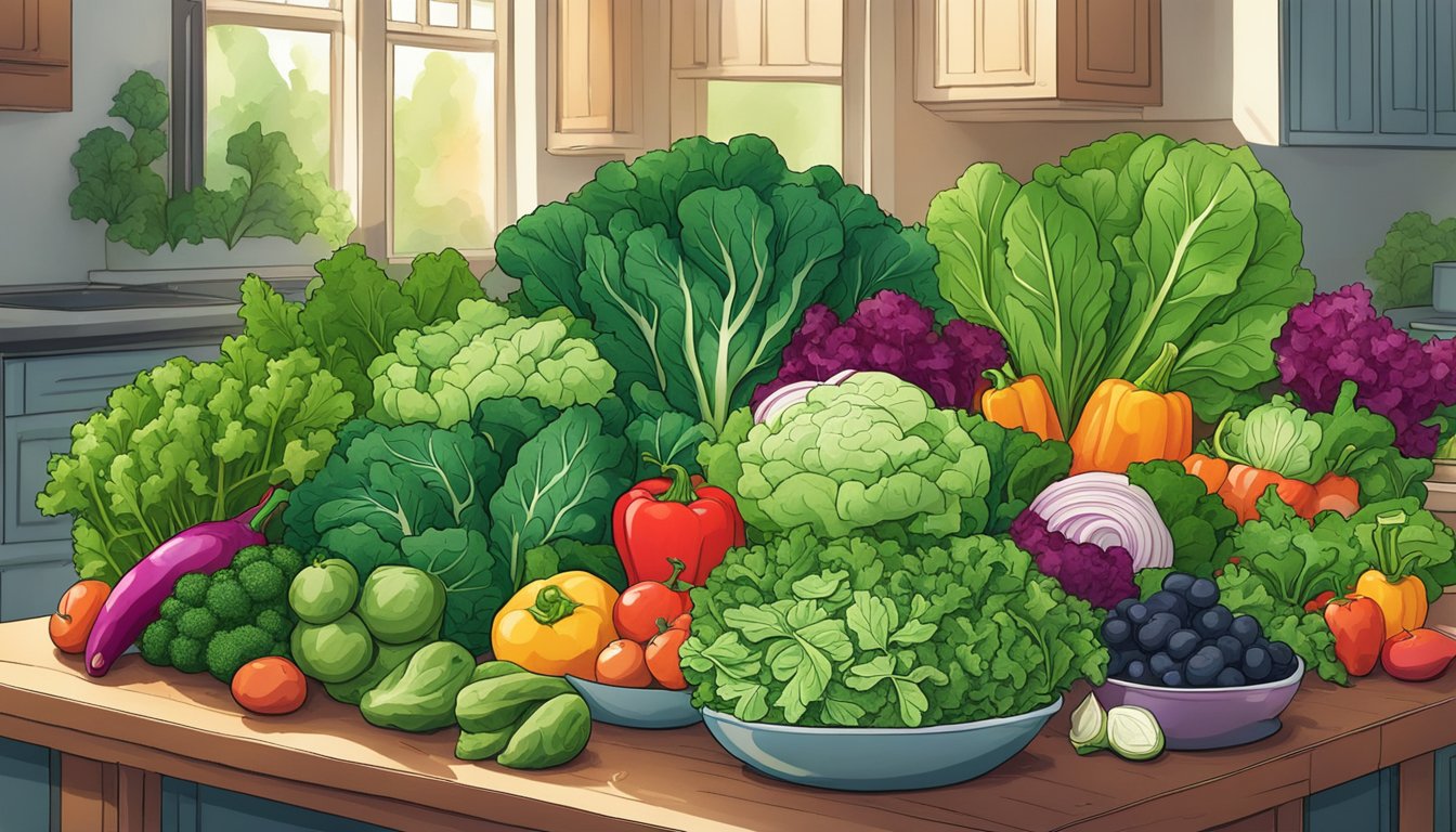 A variety of leafy greens arranged in a vibrant, bountiful display. Spinach, kale, and Swiss chard are neatly stacked alongside other testosterone-boosting vegetables, creating a visually appealing and healthful scene