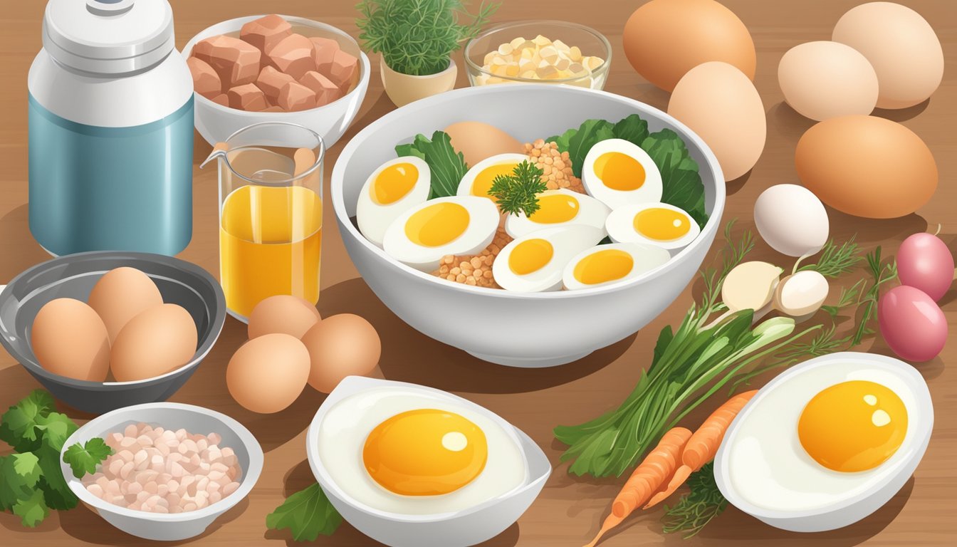 A bowl of eggs surrounded by other vitamin B12-rich foods like meat, fish, and dairy products on a kitchen counter