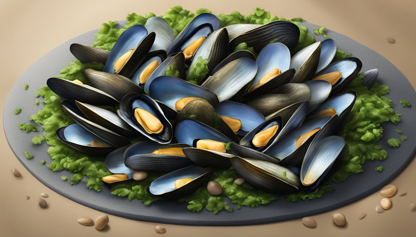 A pile of mussels arranged in a circular pattern with vibrant green seaweed scattered around them. The mussels are nestled on a bed of coarse sand and small pebbles, with sunlight filtering through the water above