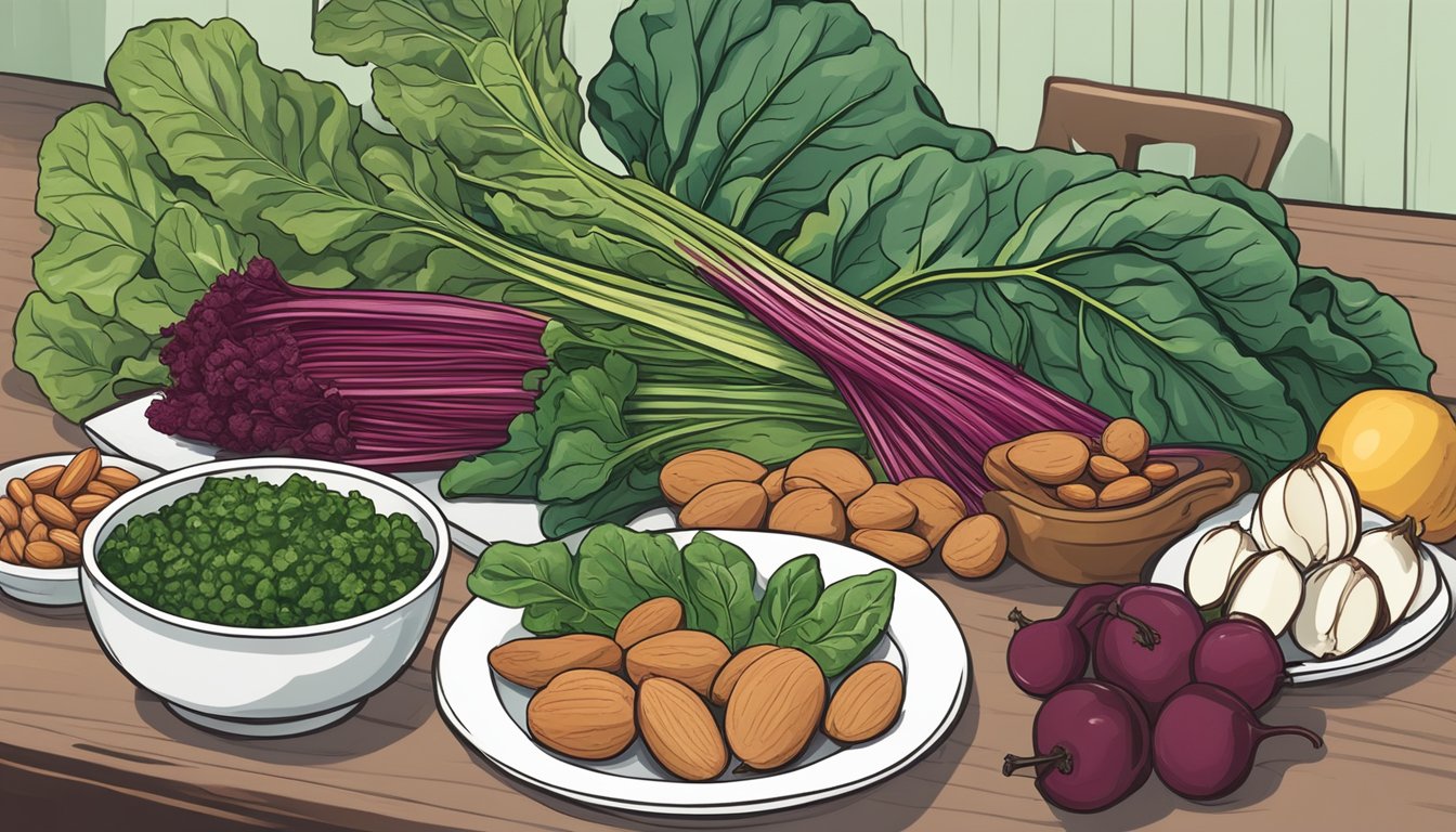 A table with a bunch of Swiss chard surrounded by other high oxalate foods, such as spinach, beets, and almonds, with a kidney in the background