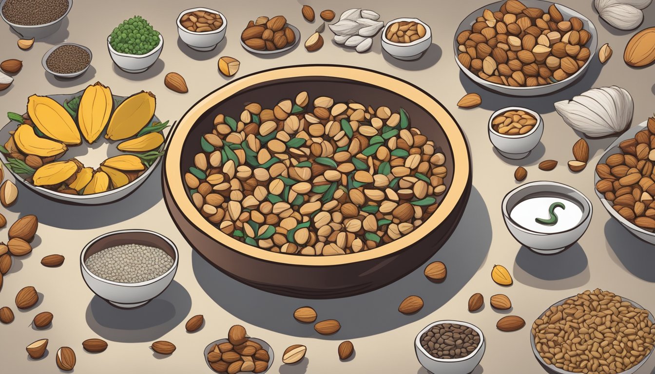 A variety of nuts and seeds arranged on a table, with a kidney-shaped bowl in the center, surrounded by a caution sign