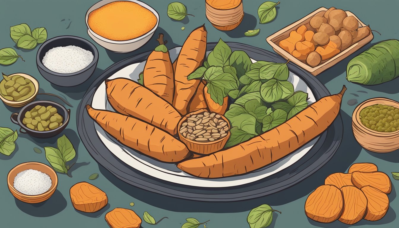 A pile of sweet potatoes surrounded by other high oxalate foods, with a kidney in the background to represent the importance of limiting these foods for kidney health