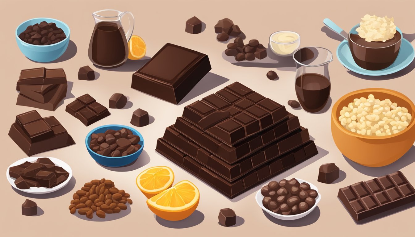 A pile of dark chocolate surrounded by 9 other high oxalate foods, with a kidney in the background symbolizing the need to limit these items for kidney health