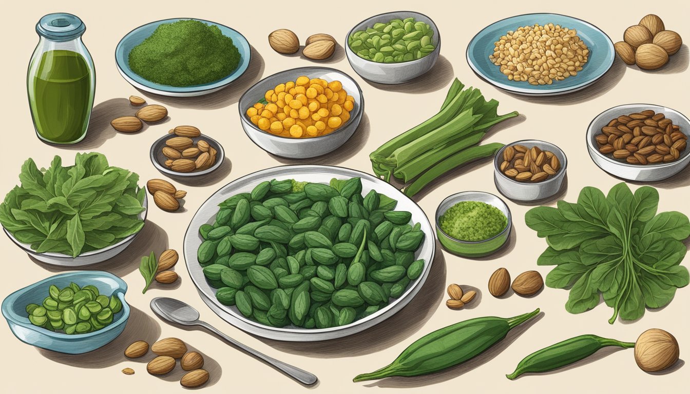 A table with a variety of high-oxalate foods, including okra, spinach, and nuts, with a kidney in the background