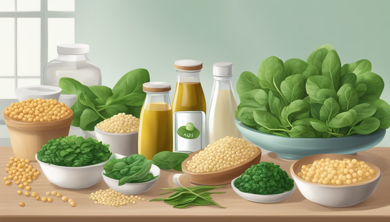 A table with a variety of soy products, spinach, and other high oxalate foods, with a kidney in the background