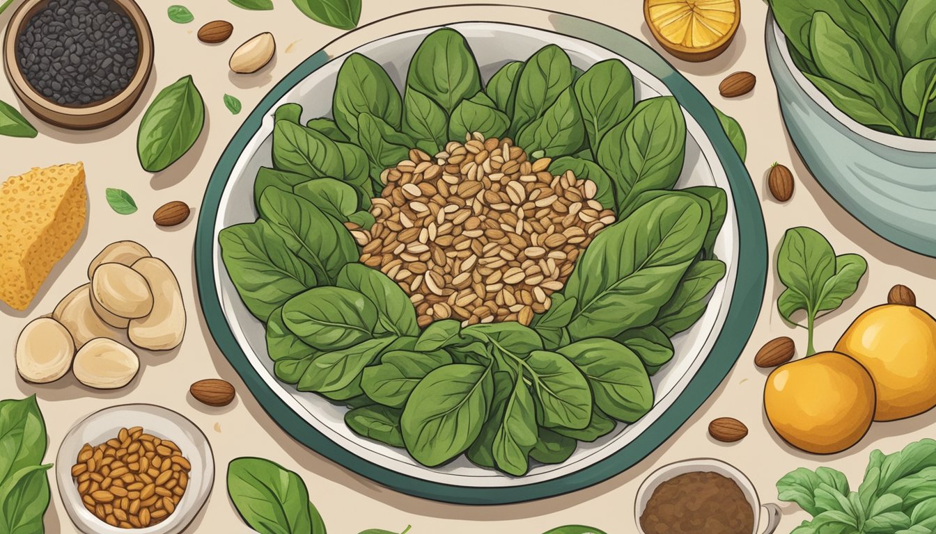 A bowl of spinach surrounded by 10 different foods rich in manganese, such as nuts, seeds, and whole grains, arranged in a circular pattern