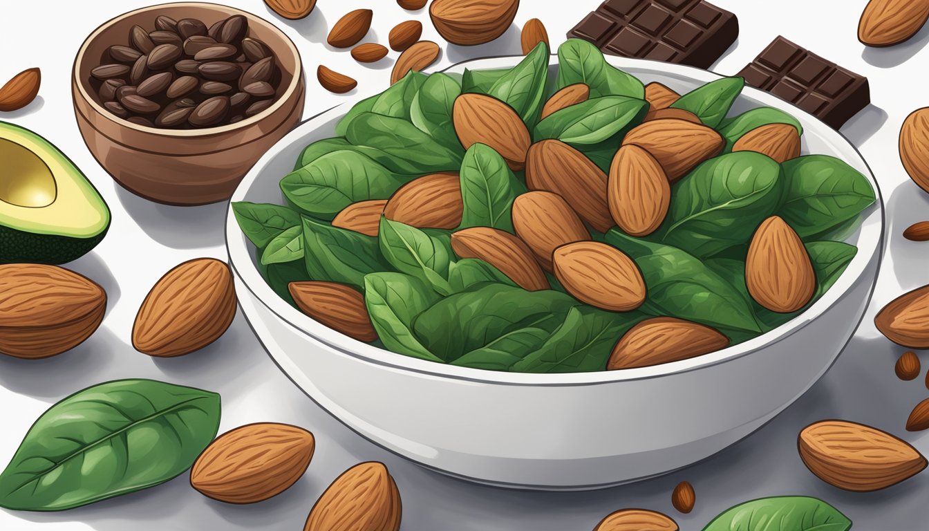 A bowl of almonds surrounded by other magnesium-rich foods like spinach, avocado, and dark chocolate