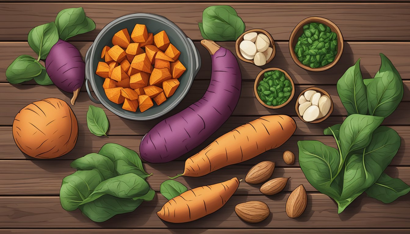 A colorful array of sweet potatoes, spinach, and nuts on a wooden table