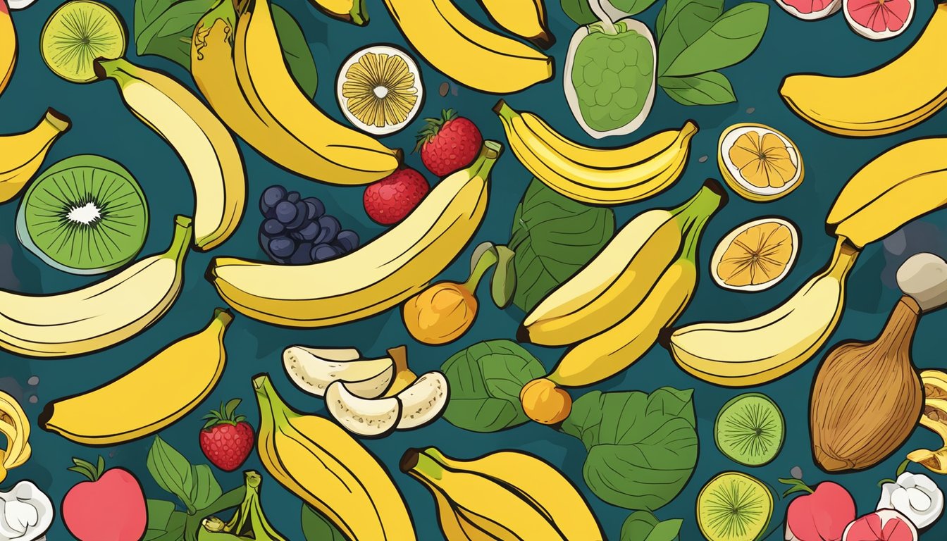 A colorful array of bananas, surrounded by other nutrient-rich foods, showcasing their high healthy carbohydrate content