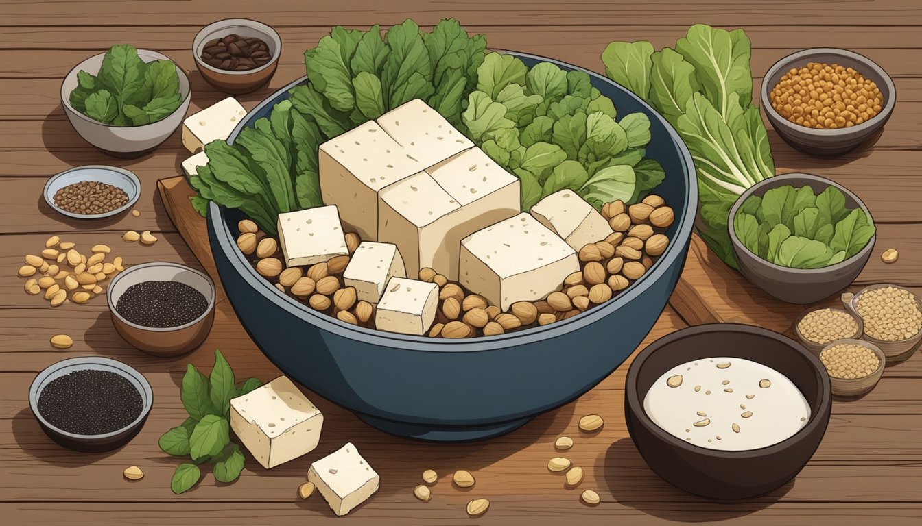 A bowl of tofu surrounded by 10 different foods rich in manganese, such as nuts, seeds, and leafy greens, arranged on a wooden table