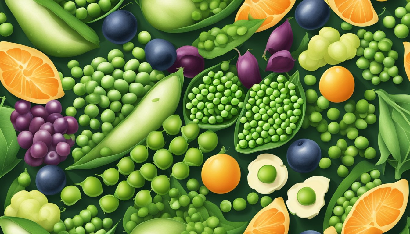 A colorful assortment of green peas, along with 11 other nutrient-rich foods, arranged in a visually appealing composition