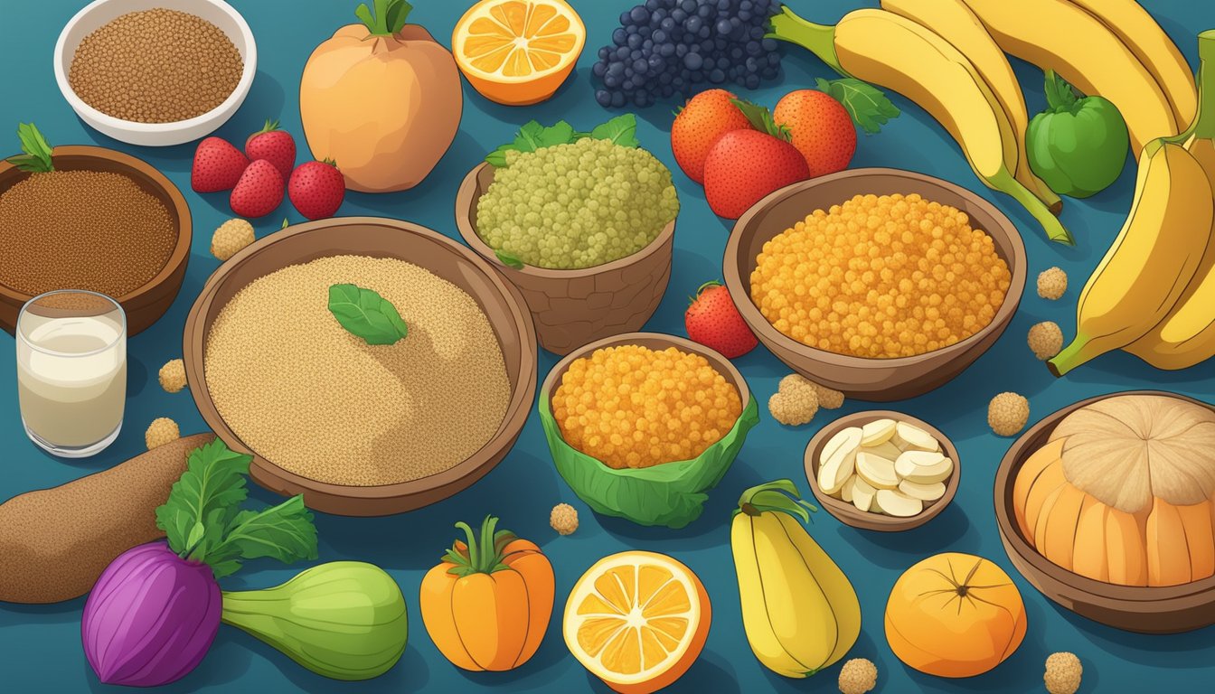 A colorful array of quinoa, sweet potatoes, bananas, and other high carb, low fat foods arranged on a table, surrounded by vibrant fruits and vegetables