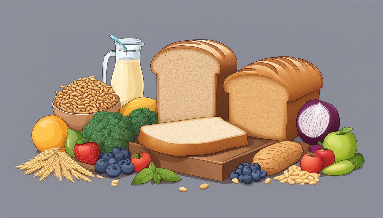 A loaf of whole wheat bread surrounded by other high carb, low fat foods like fruits, vegetables, and grains