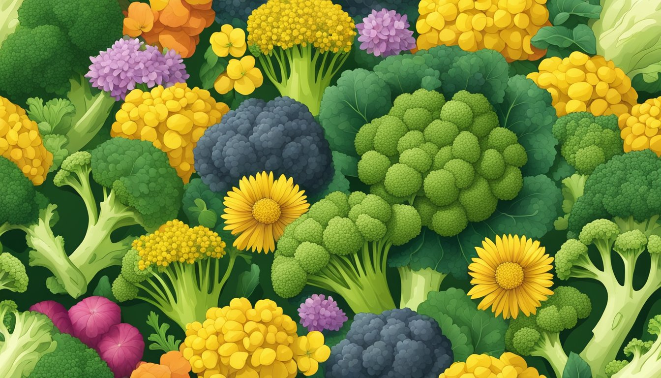 A colorful assortment of broccoli and other nutrient-dense foods, surrounded by vibrant green leaves and bright yellow flowers