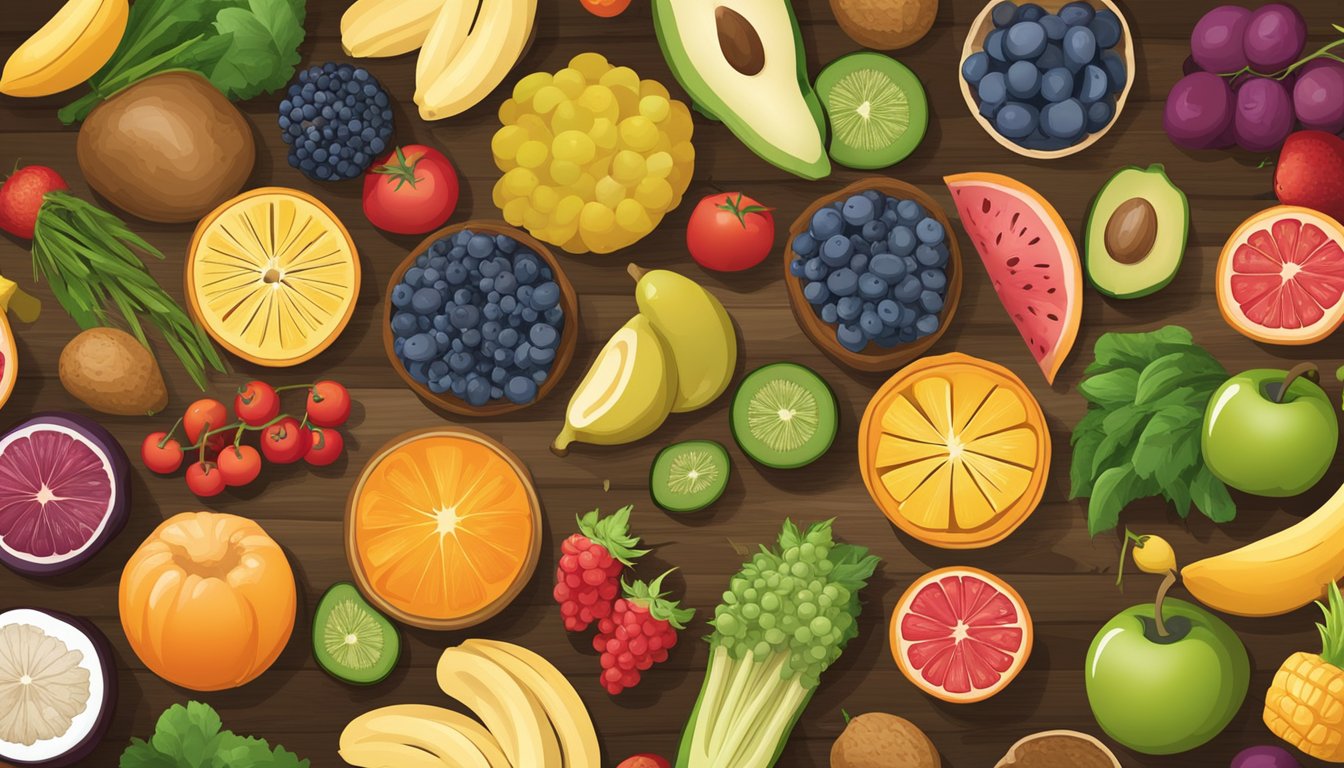 A colorful array of fruits, vegetables, and whole grains arranged on a wooden table, showcasing a variety of healthy carbohydrates