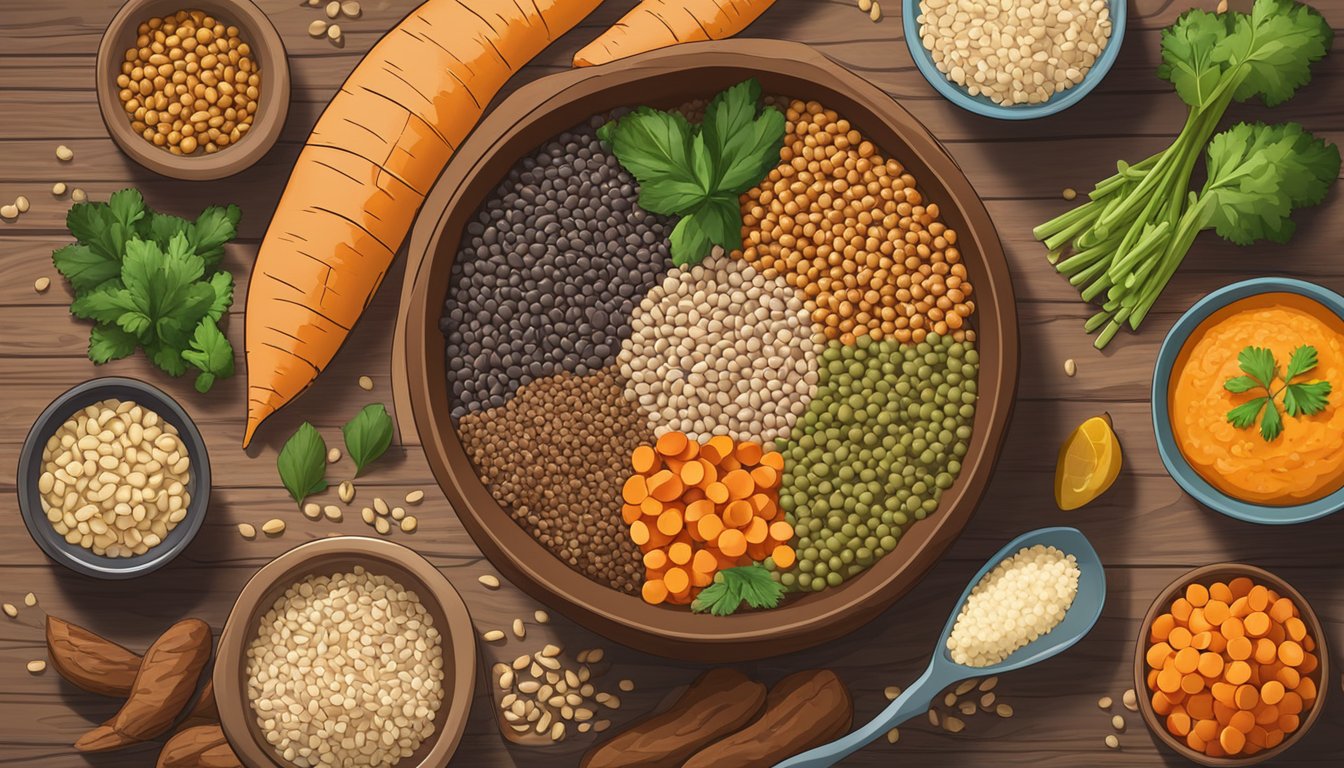 A bowl of cooked lentils surrounded by other high carb, low fat foods, such as brown rice, quinoa, and sweet potatoes, arranged on a wooden table