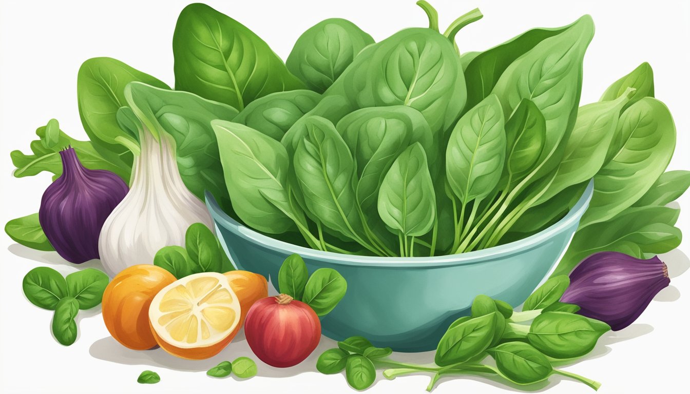 A vibrant bunch of spinach surrounded by other folate-rich foods, symbolizing support for prenatal health and cell growth