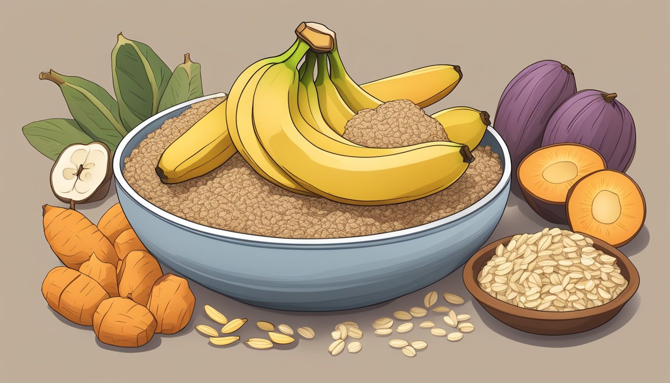 A bowl of bananas surrounded by other high carb, low fat foods, such as oats, sweet potatoes, and quinoa