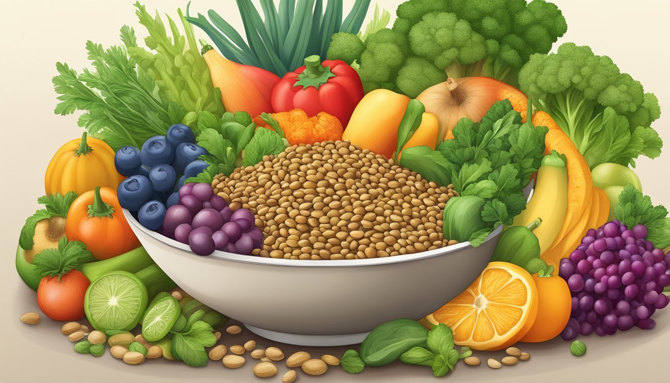 A bowl of lentils surrounded by vibrant vegetables and fruits, emphasizing their nutrient density and rich B vitamin content for optimal health