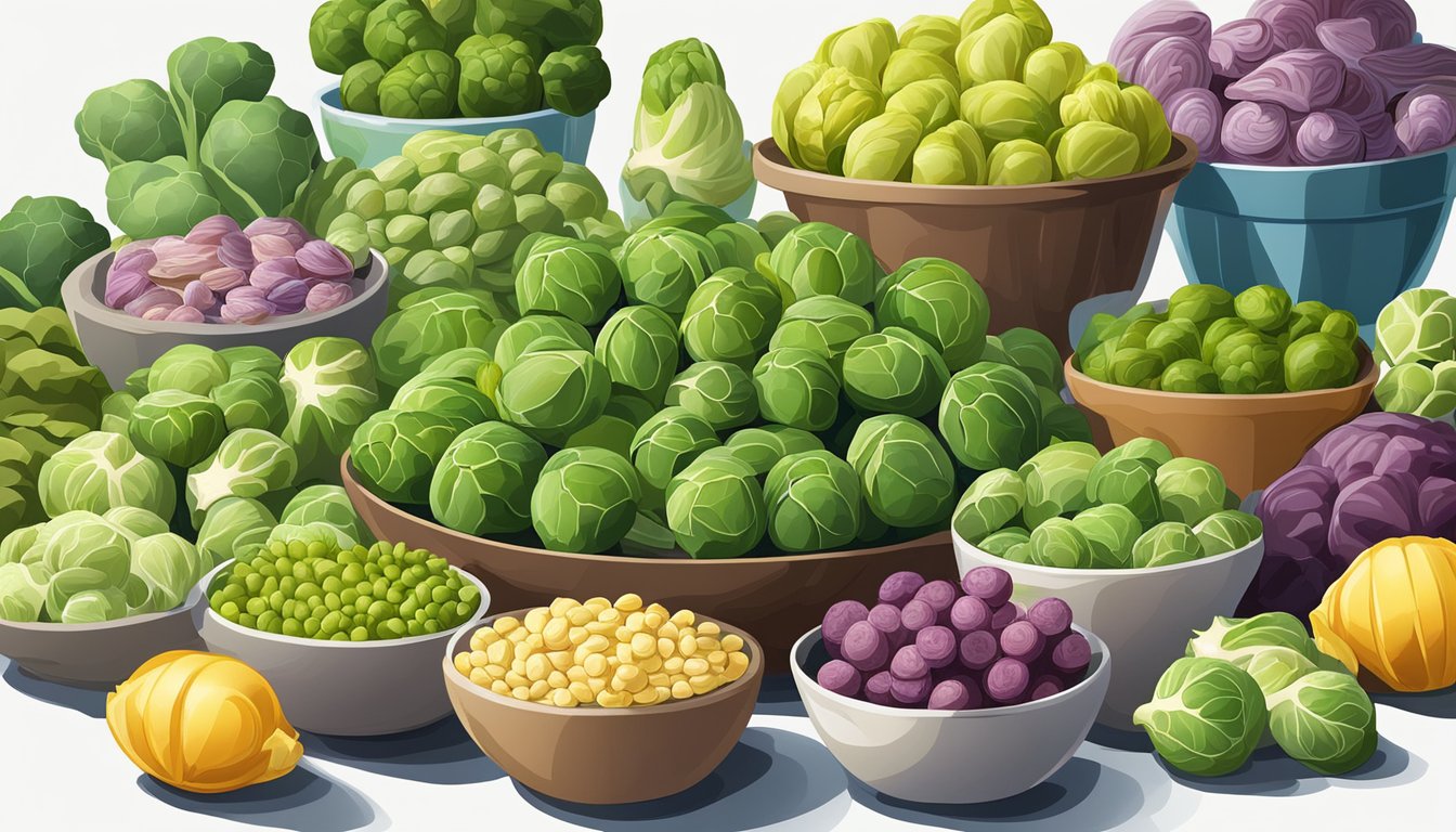 A colorful array of Brussels sprouts, along with other folate-rich foods, arranged in a vibrant and appealing display