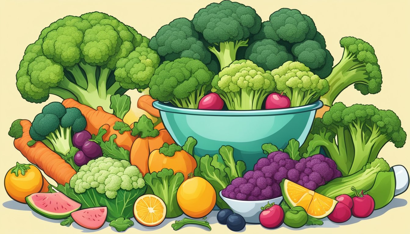 A colorful array of broccoli and other folate-rich foods arranged in a vibrant display, symbolizing prenatal health and cell growth