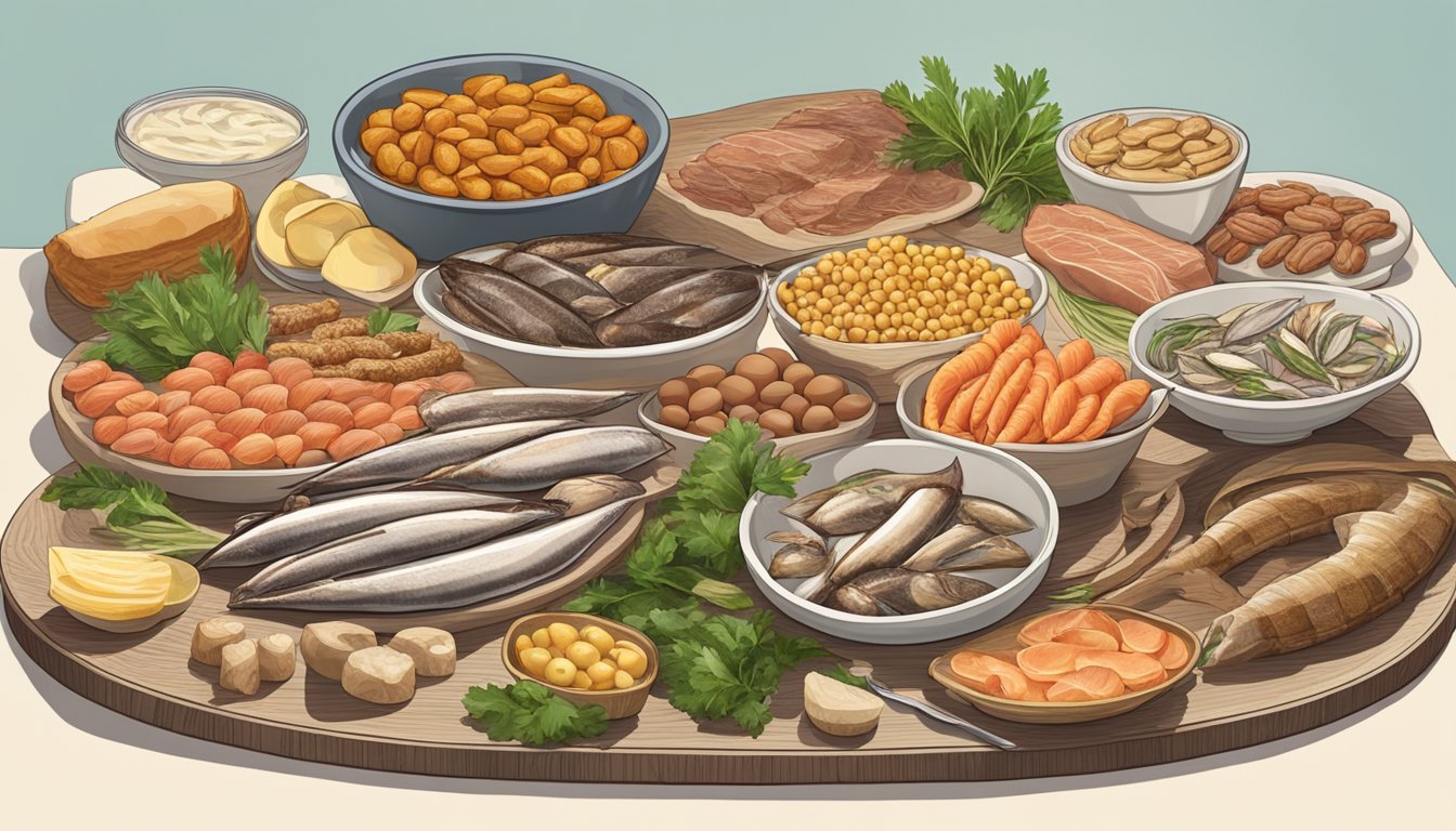 A table with a variety of foods, including anchovies, along with other high purine foods like organ meats and shellfish