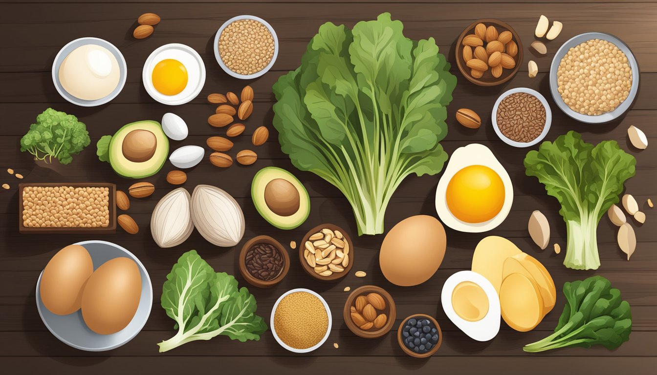 A variety of nutrient-dense foods rich in B vitamins arranged on a wooden table, including leafy greens, eggs, nuts, and whole grains