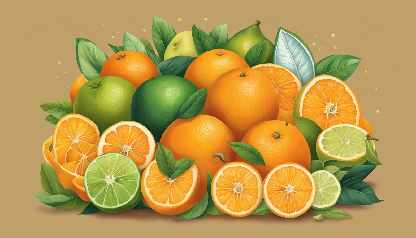 A vibrant pile of oranges surrounded by other folate-rich foods, symbolizing support for prenatal health and cell growth