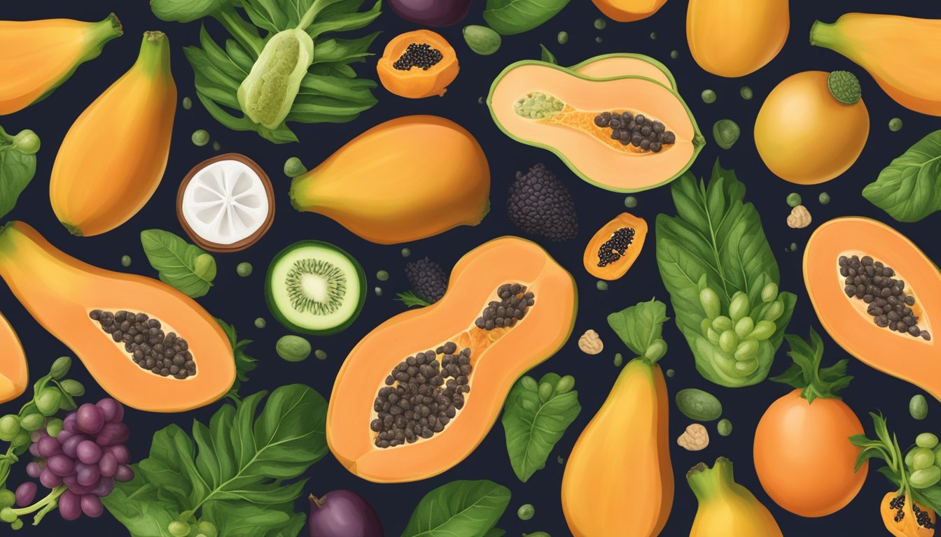 A vibrant papaya surrounded by assorted folate-rich foods, symbolizing prenatal health and cell growth