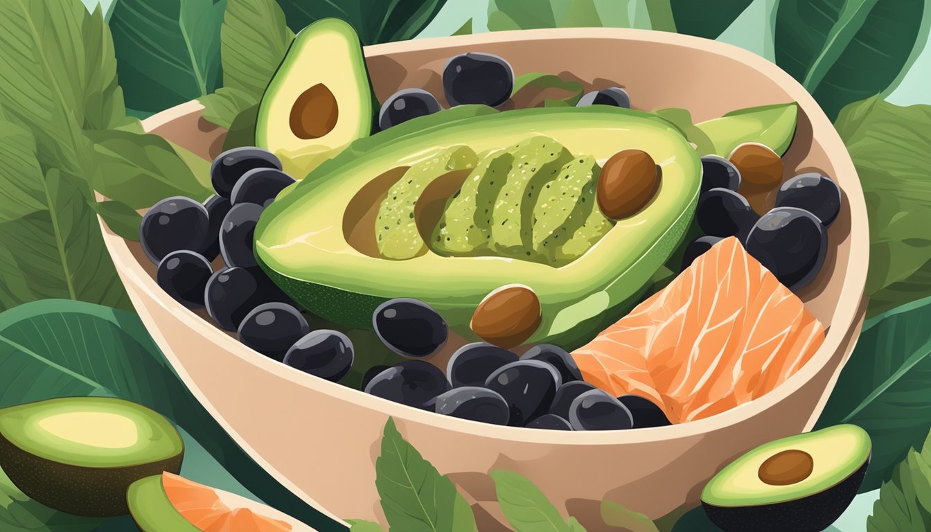 A bowl of almonds surrounded by avocados, olives, and salmon, all set against a backdrop of vibrant green leaves and a heart-shaped symbol