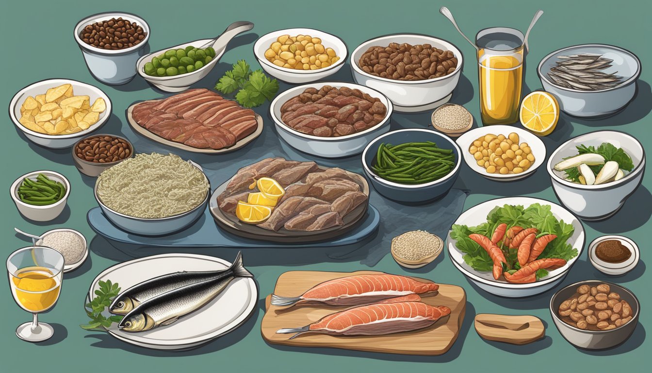 A table with 10 high-purine foods, including anchovies, organ meats, and sardines, with a "limit" sign