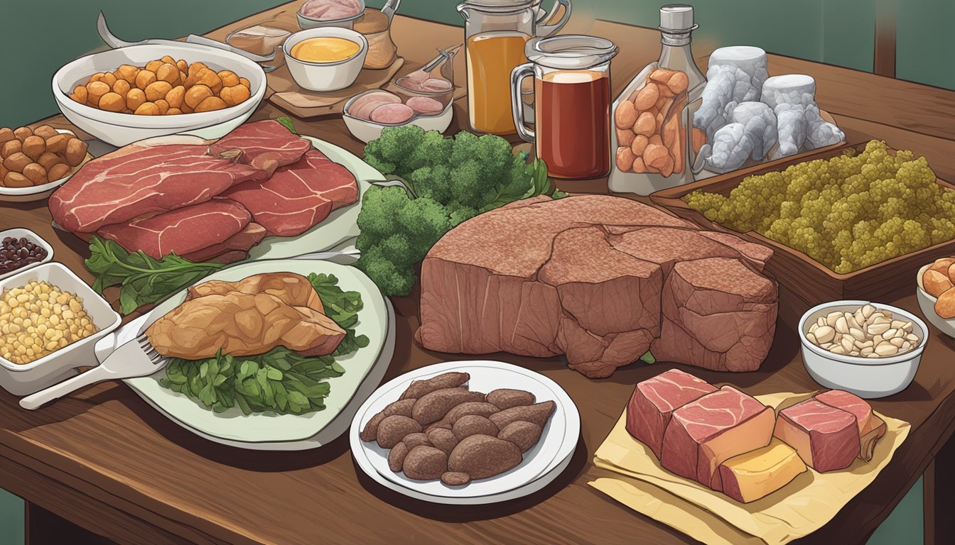 A table with a variety of game meats and high purine foods, surrounded by caution signs and a gout management pamphlet