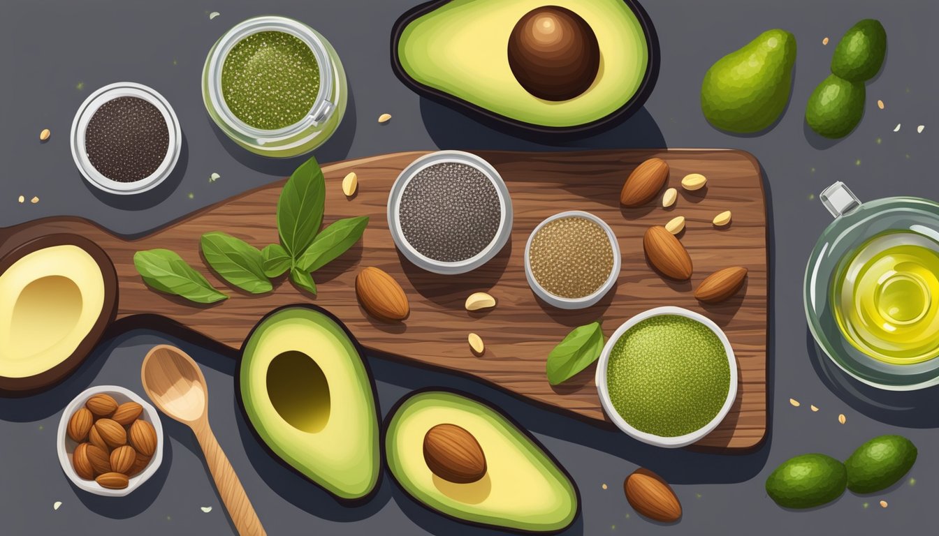 A colorful assortment of chia seeds, avocados, nuts, and olive oil arranged on a wooden cutting board