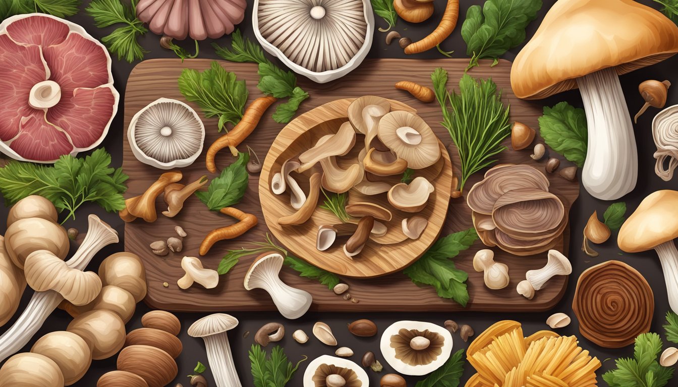 A variety of mushrooms arranged on a wooden cutting board, surrounded by other high purine foods like anchovies and organ meats