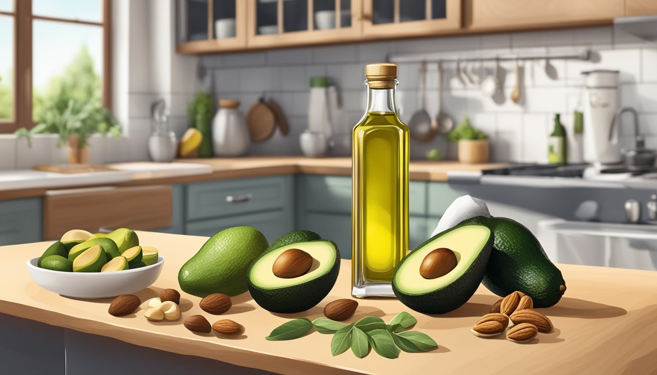 A kitchen counter with a bottle of olive oil surrounded by avocados, nuts, and fish, all rich in heart-healthy unsaturated fats