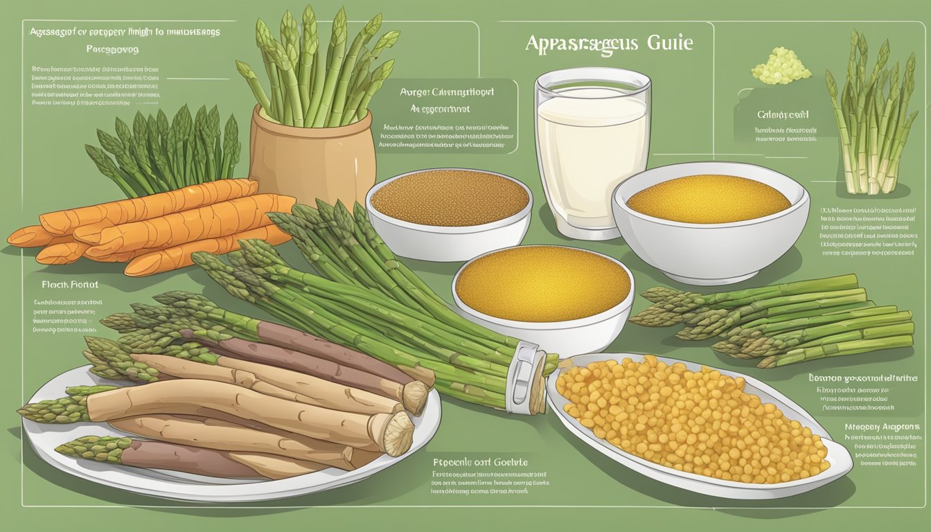 A table with a variety of high-purine foods, including asparagus, displayed in front of a gout management guide