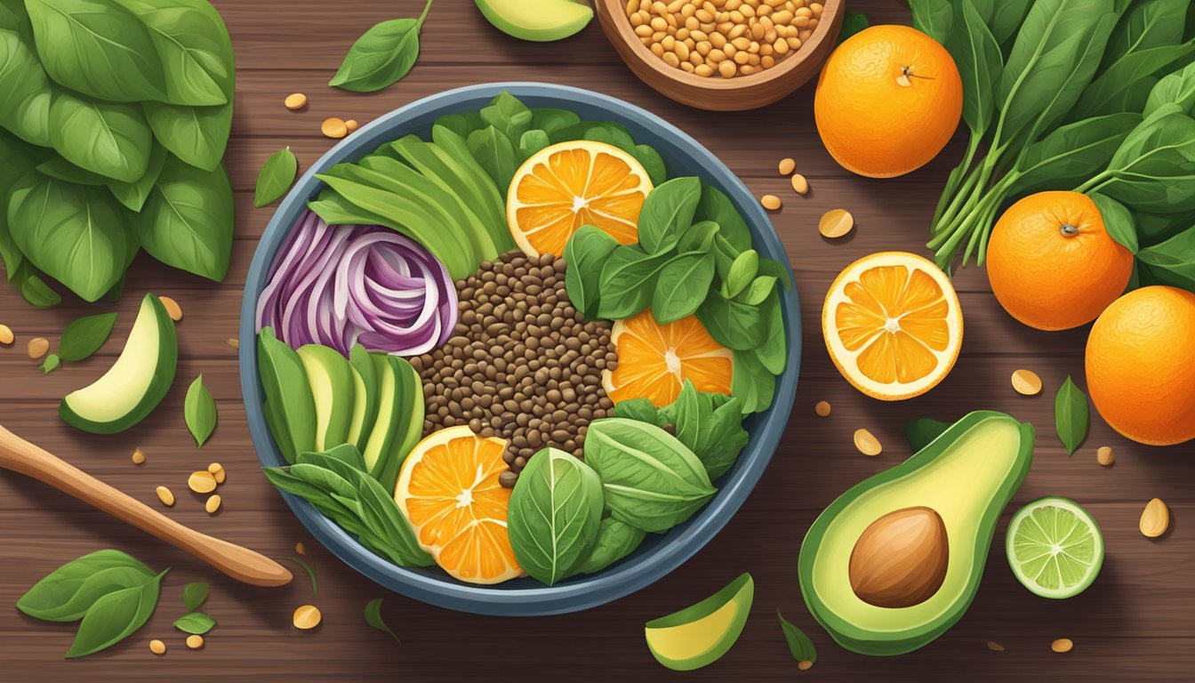 A colorful bowl of lentils surrounded by a variety of folate-rich foods, such as spinach, avocado, and oranges, arranged on a wooden table