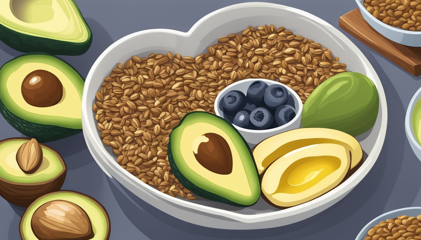 A bowl filled with flaxseeds, surrounded by walnuts, avocados, and olive oil. A heart symbol is placed next to the foods, emphasizing their heart-healthy properties