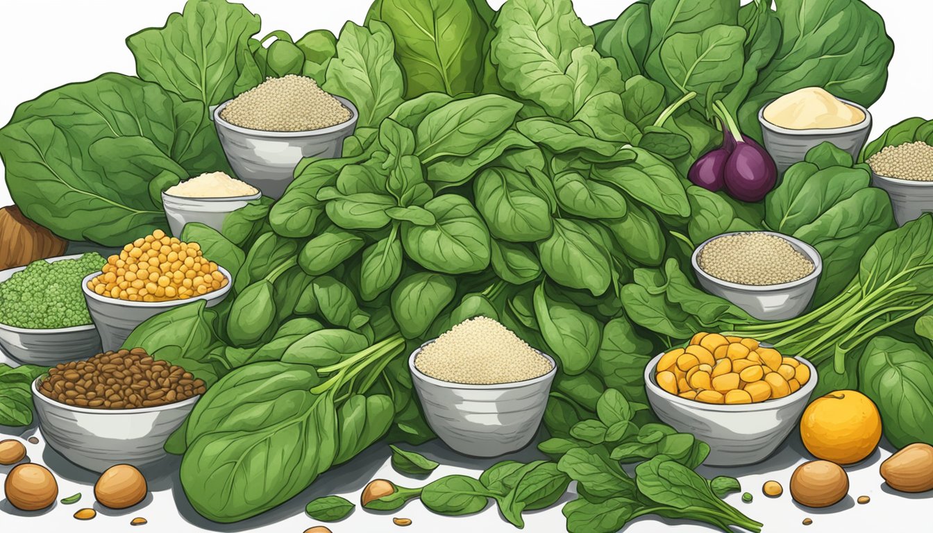 A pile of spinach surrounded by nine other high purine foods, with a "limit" sign above them