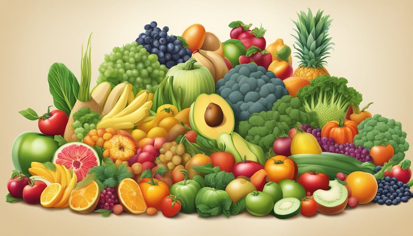 A colorful array of fruits, vegetables, and legumes arranged in a vibrant, bountiful display, highlighting their folate-rich properties for prenatal health and cell growth