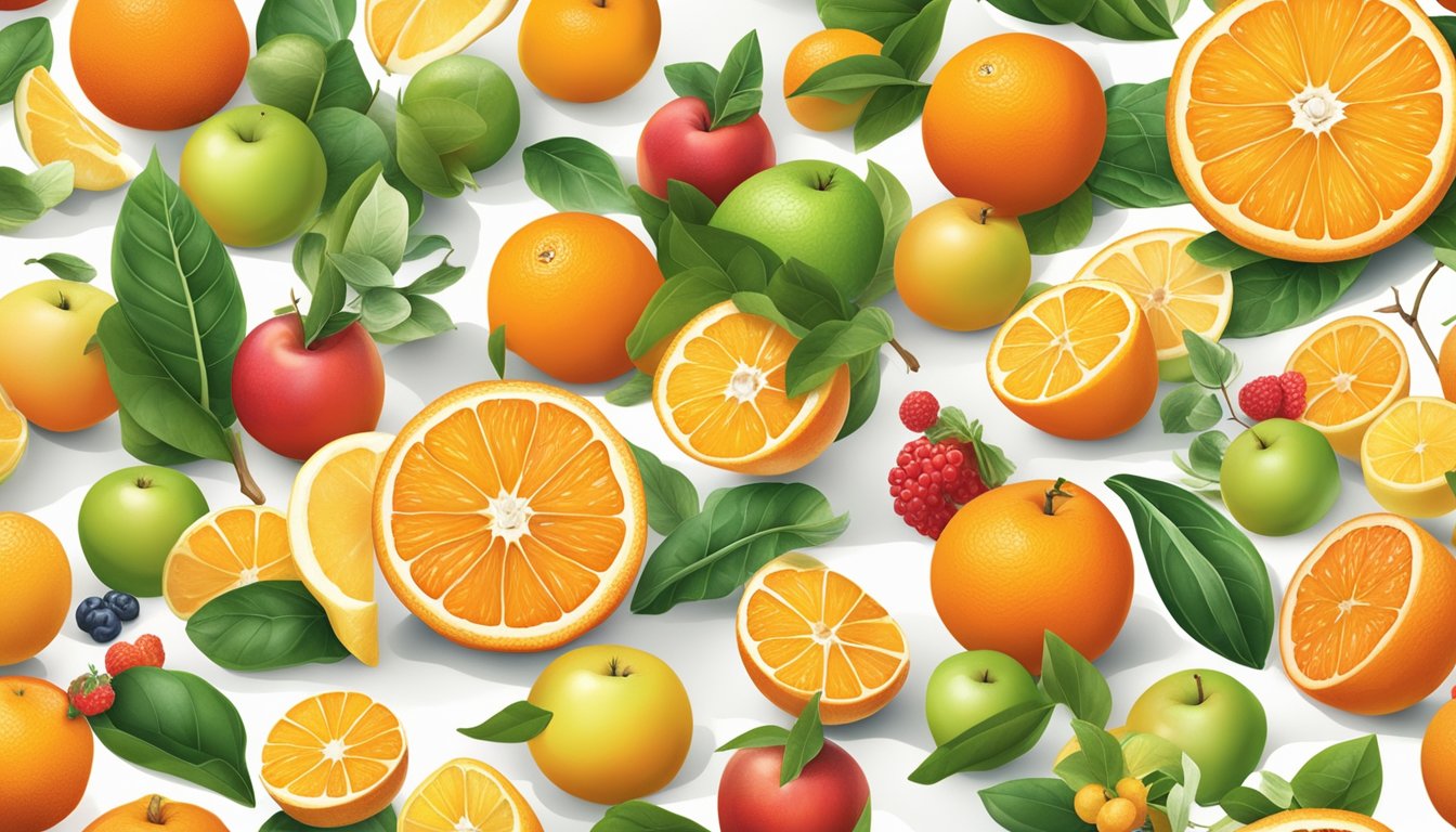 A vibrant pile of juicy oranges surrounded by 15 different types of natural antihistamine foods, such as apples, berries, and leafy greens