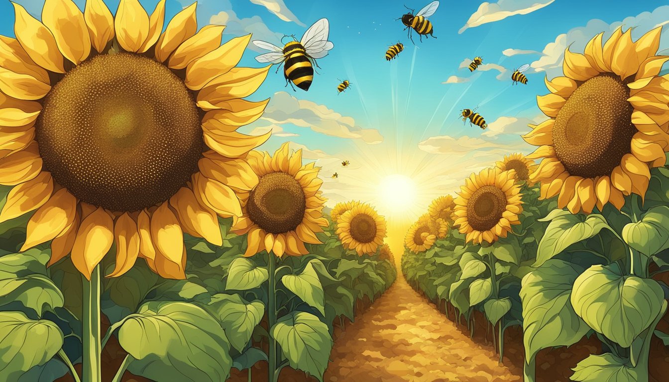 A vibrant sunflower field with ripe seeds ready for harvest. Bees buzzing around the flowers, and a bright, sunny sky overhead