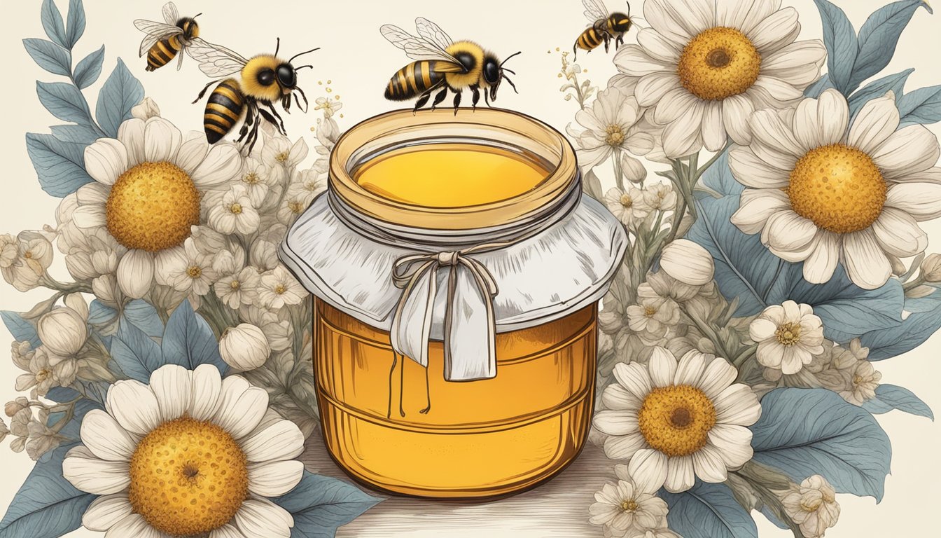 A buzzing beehive surrounded by blooming flowers and various fruits, with a jar of local honey prominently displayed