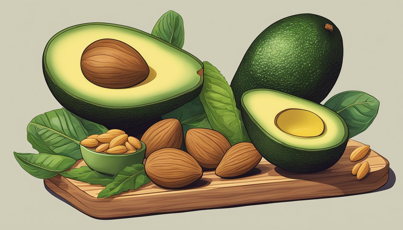 A colorful array of avocados, almonds, and leafy greens arranged on a wooden cutting board