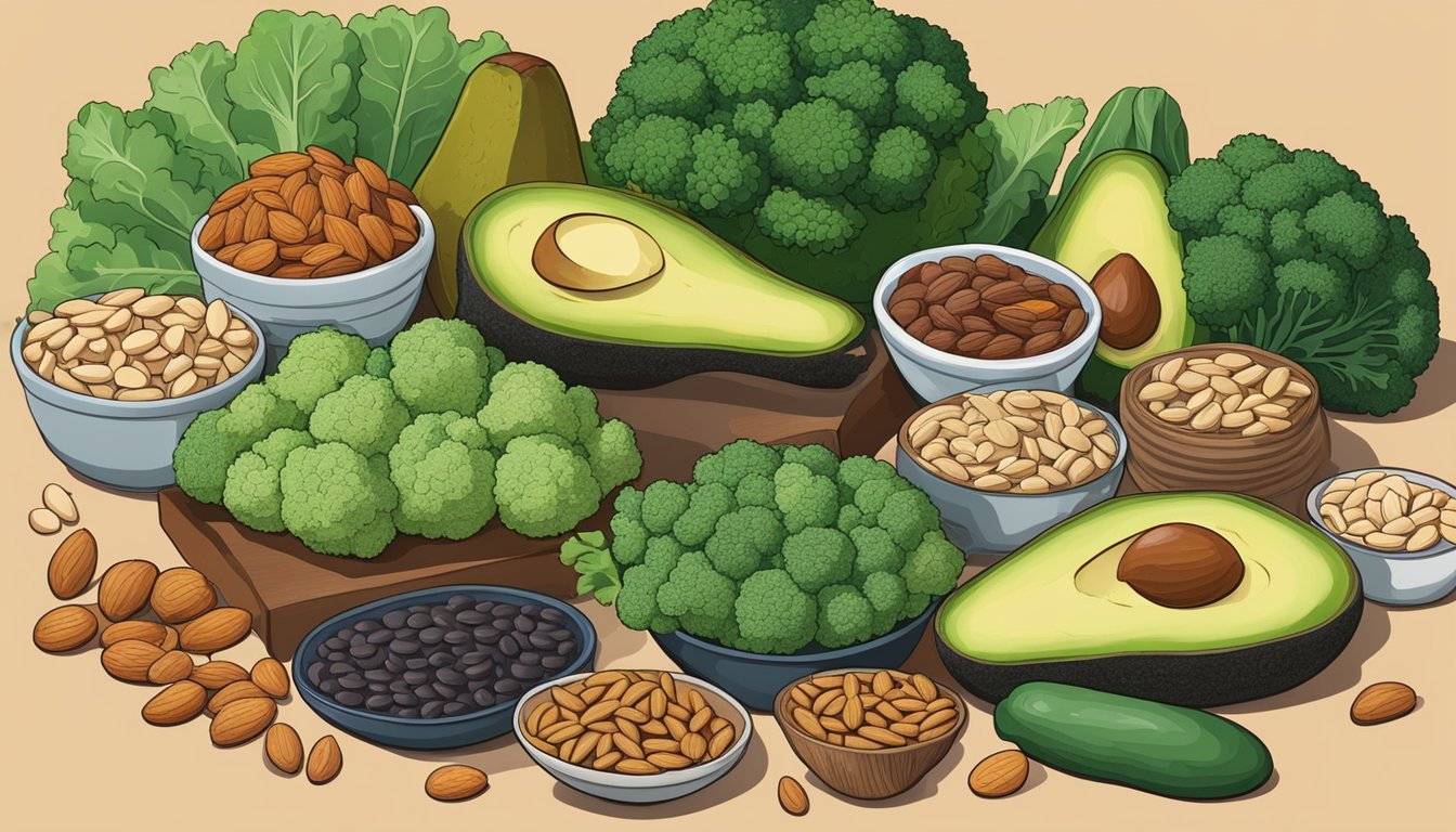 A colorful assortment of broccoli, almonds, and avocados displayed on a table, surrounded by other nutrient-dense foods like beans and leafy greens