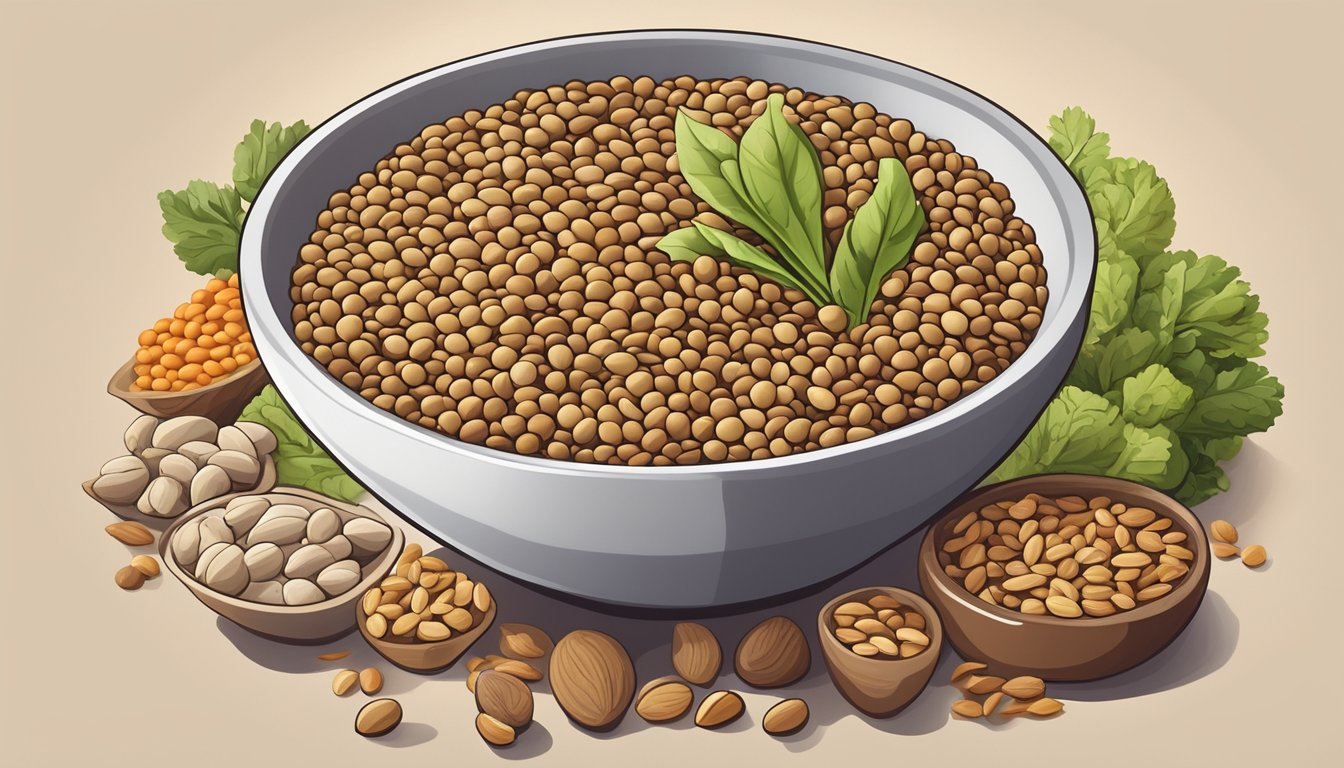 A bowl of lentils surrounded by other selenium-rich foods like nuts and seeds, with a bright, healthy glow emanating from the center