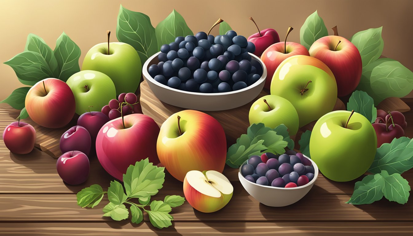 A colorful array of apples, berries, and leafy greens arranged on a wooden table, with a soft light casting shadows