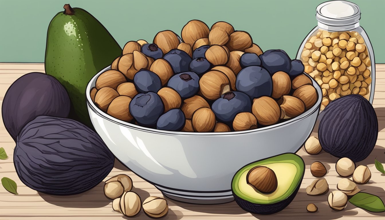 A bowl filled with hazelnuts, surrounded by other nutrient-dense foods high in boron like avocados, prunes, and chickpeas